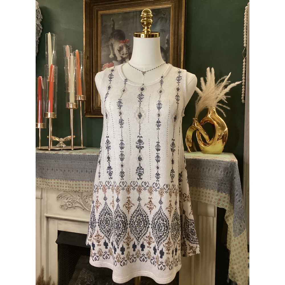 Vocal Womens Sleeveless Knit Rhinestone Damask Tunic Top White Small‎